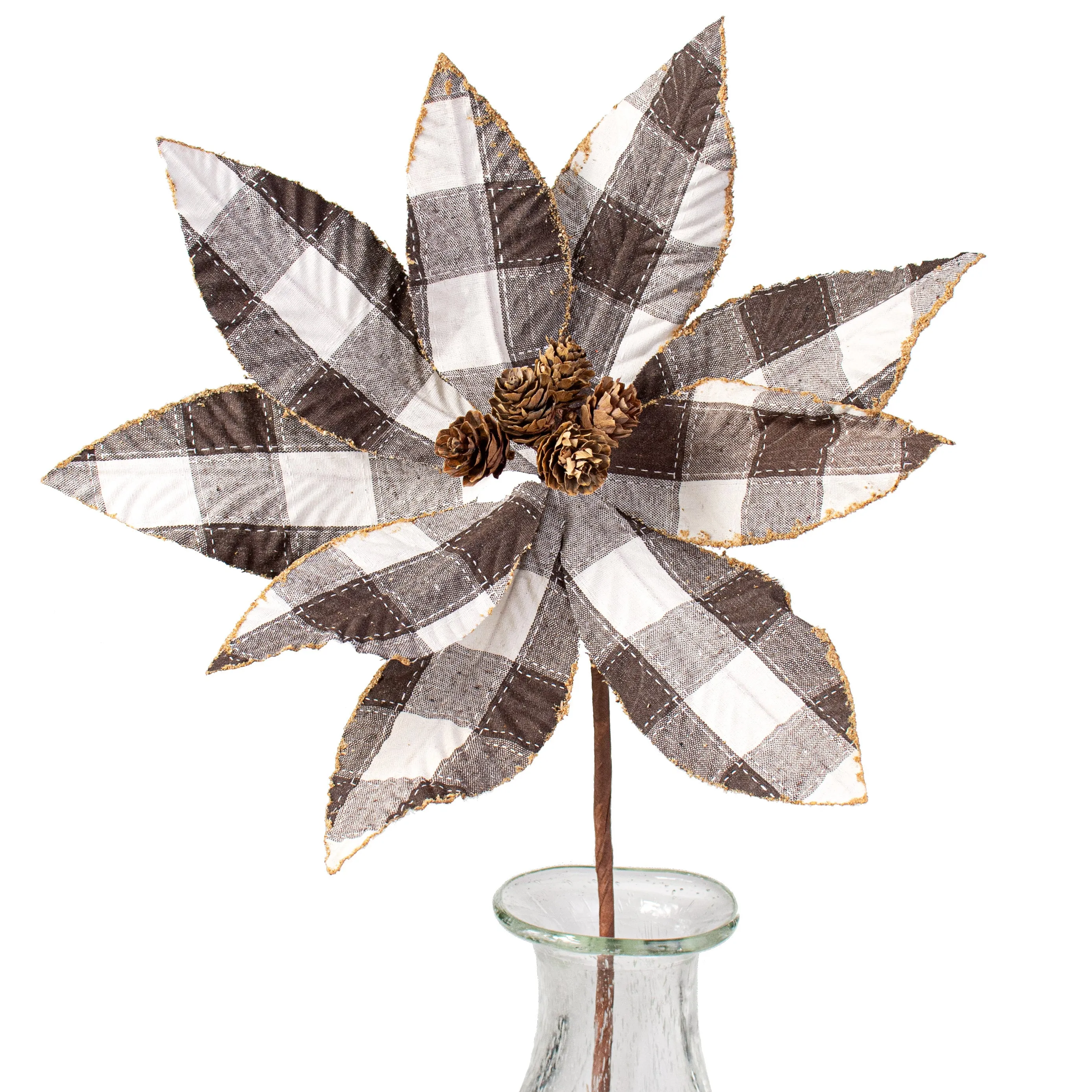 20" Check Poinsettia Stem: Brown & Natural