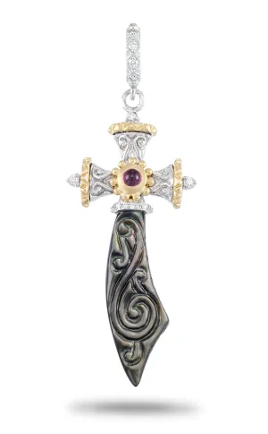 50% non-refundable deposit,18K white and yellow gold black MOP dagger enchancer charm(openning bail) with diamond and pink tourmaline