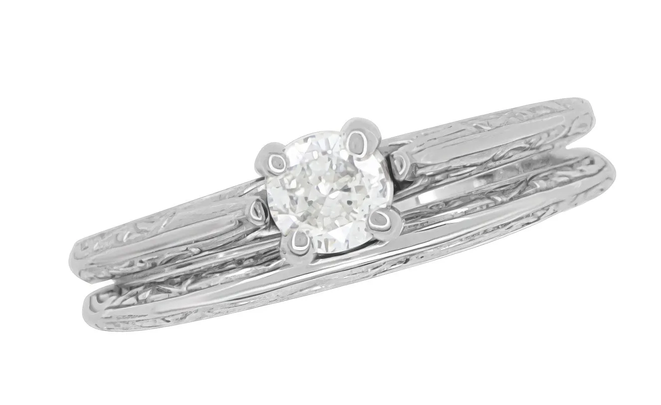 Art Deco Engraved Scrolls Diamond Engagement Ring and Wedding Ring Set in White Gold