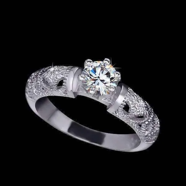 Art Deco Inspired Milgrain Filigree Band and CZ Solitaire Engagement Wedding Ring Set