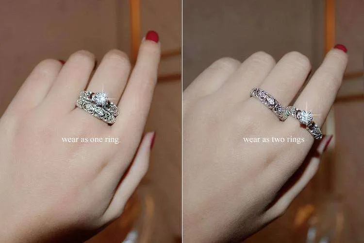 Art Deco Inspired Milgrain Filigree Band and CZ Solitaire Engagement Wedding Ring Set