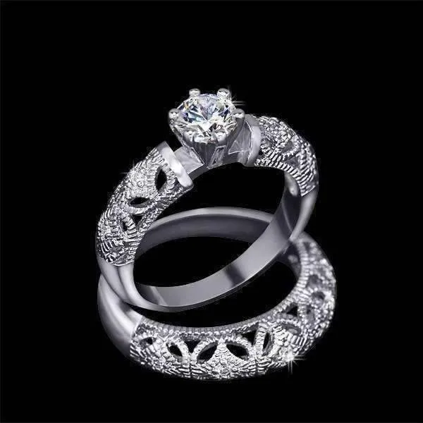 Art Deco Inspired Milgrain Filigree Band and CZ Solitaire Engagement Wedding Ring Set