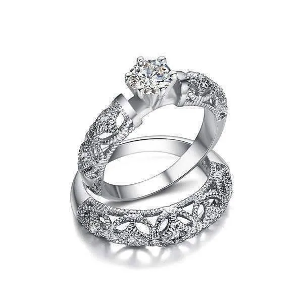 Art Deco Inspired Milgrain Filigree Band and CZ Solitaire Engagement Wedding Ring Set