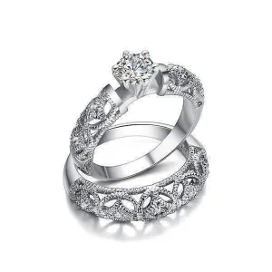 Art Deco Inspired Milgrain Filigree Band and CZ Solitaire Engagement Wedding Ring Set