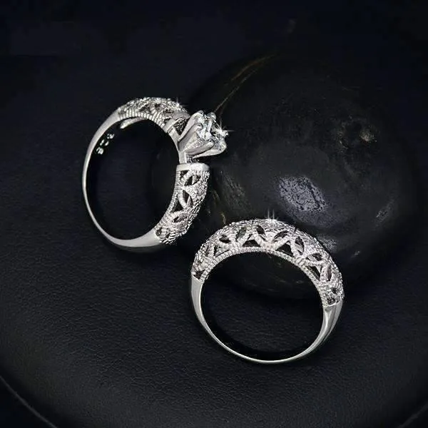 Art Deco Inspired Milgrain Filigree Band and CZ Solitaire Engagement Wedding Ring Set