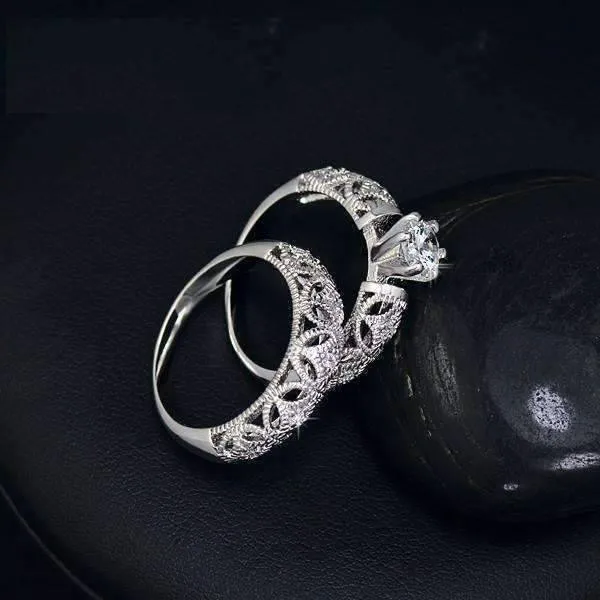 Art Deco Inspired Milgrain Filigree Band and CZ Solitaire Engagement Wedding Ring Set