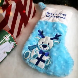 Blue Babys First Christmas Stocking and Hat Set