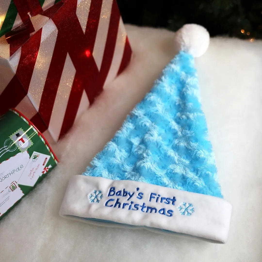Blue Babys First Christmas Stocking and Hat Set