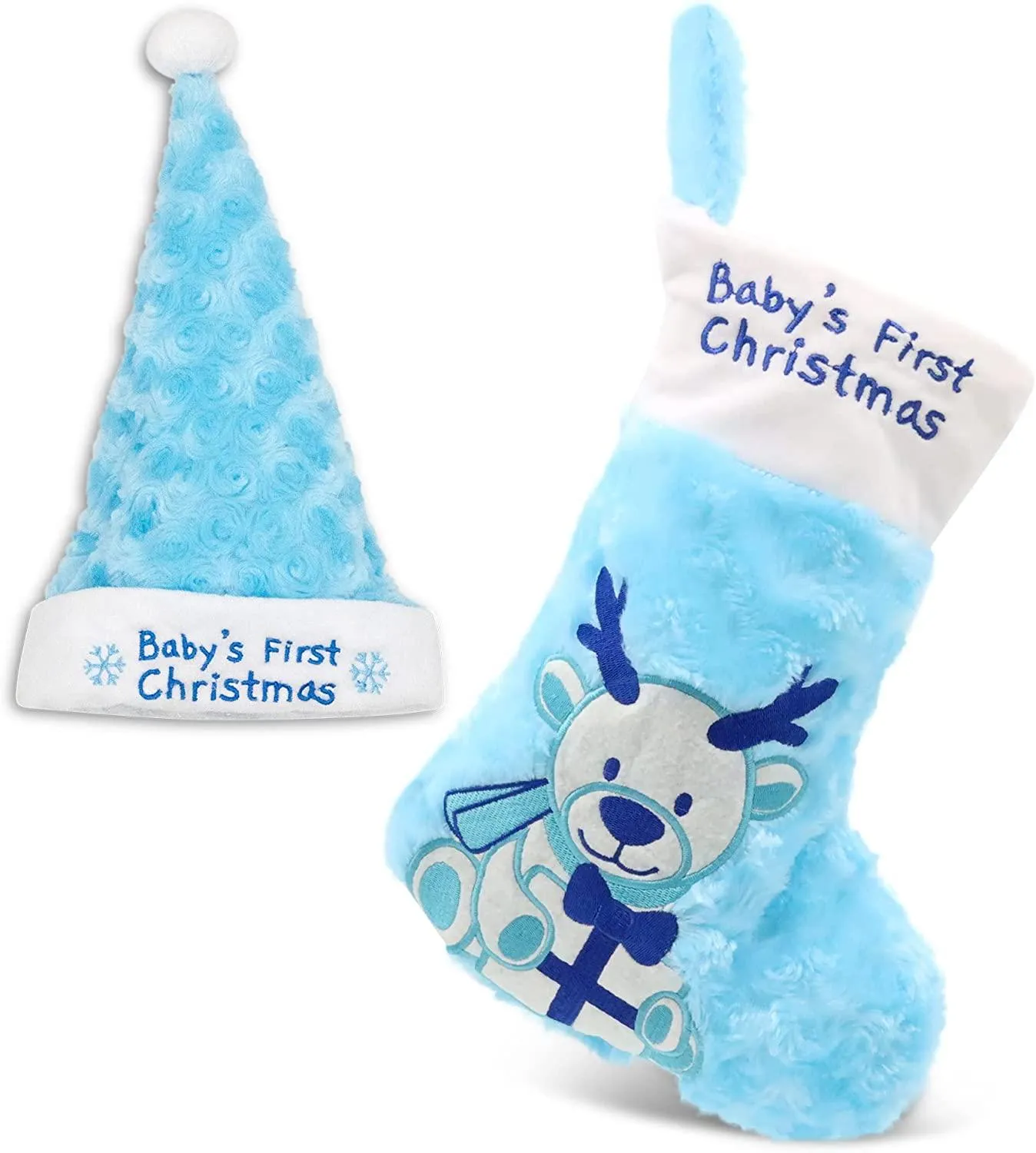 Blue Babys First Christmas Stocking and Hat Set
