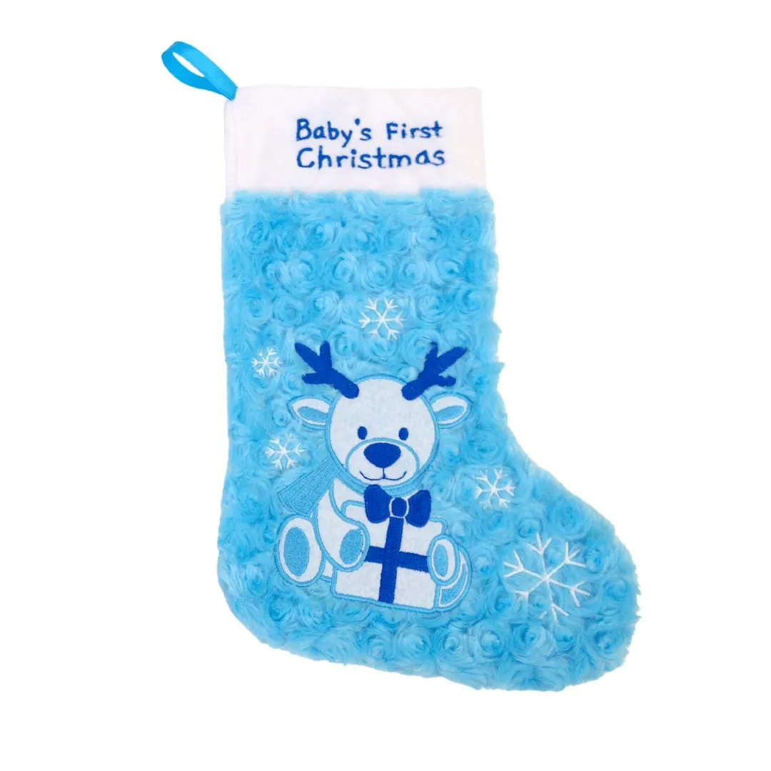 Blue Babys First Christmas Stocking and Hat Set
