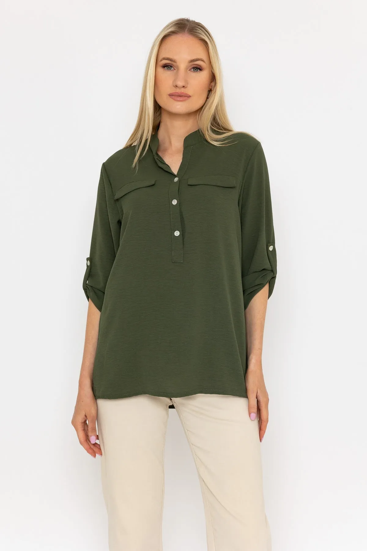 Collarless Shirt in Khaki