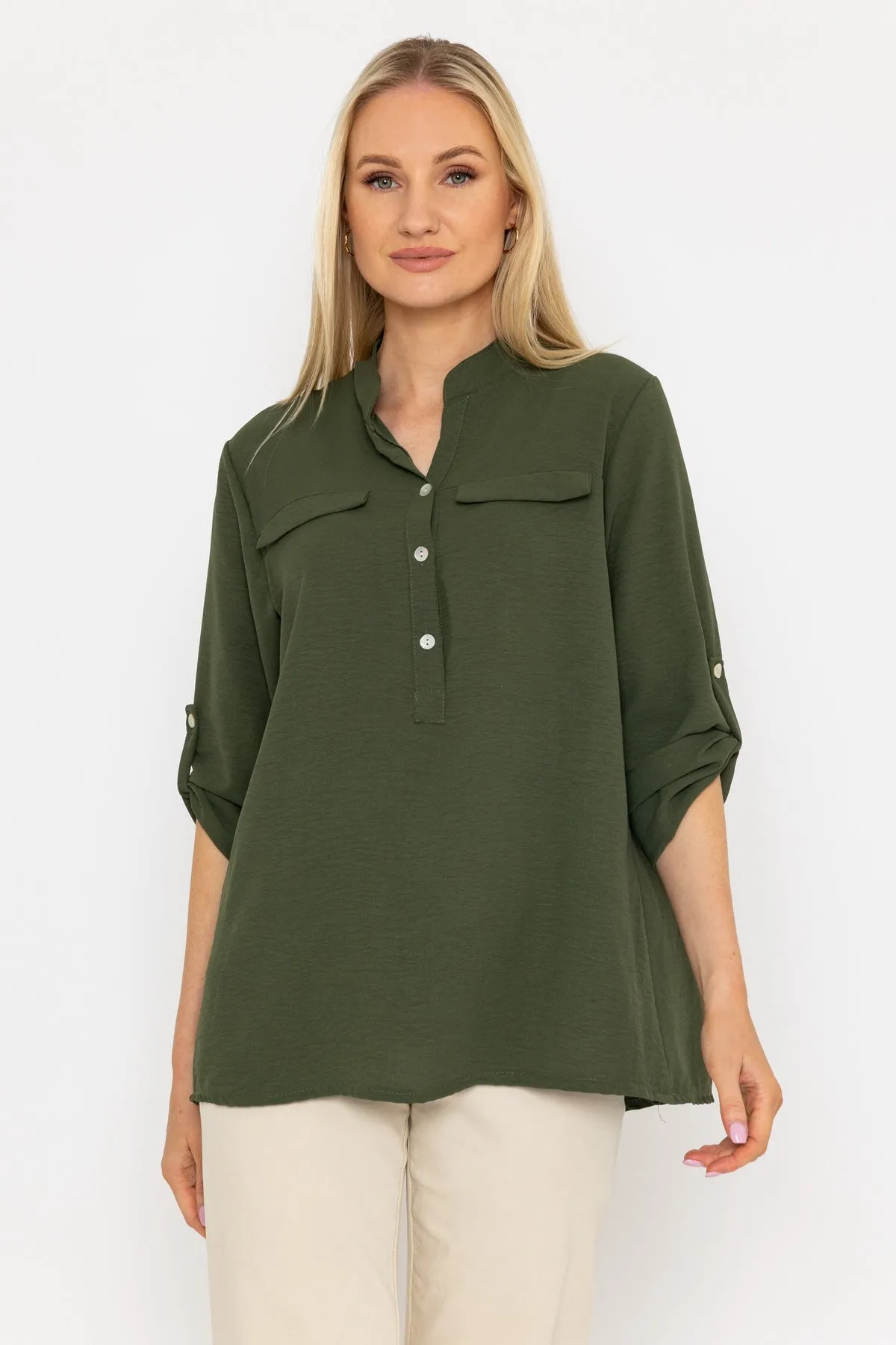 Collarless Shirt in Khaki