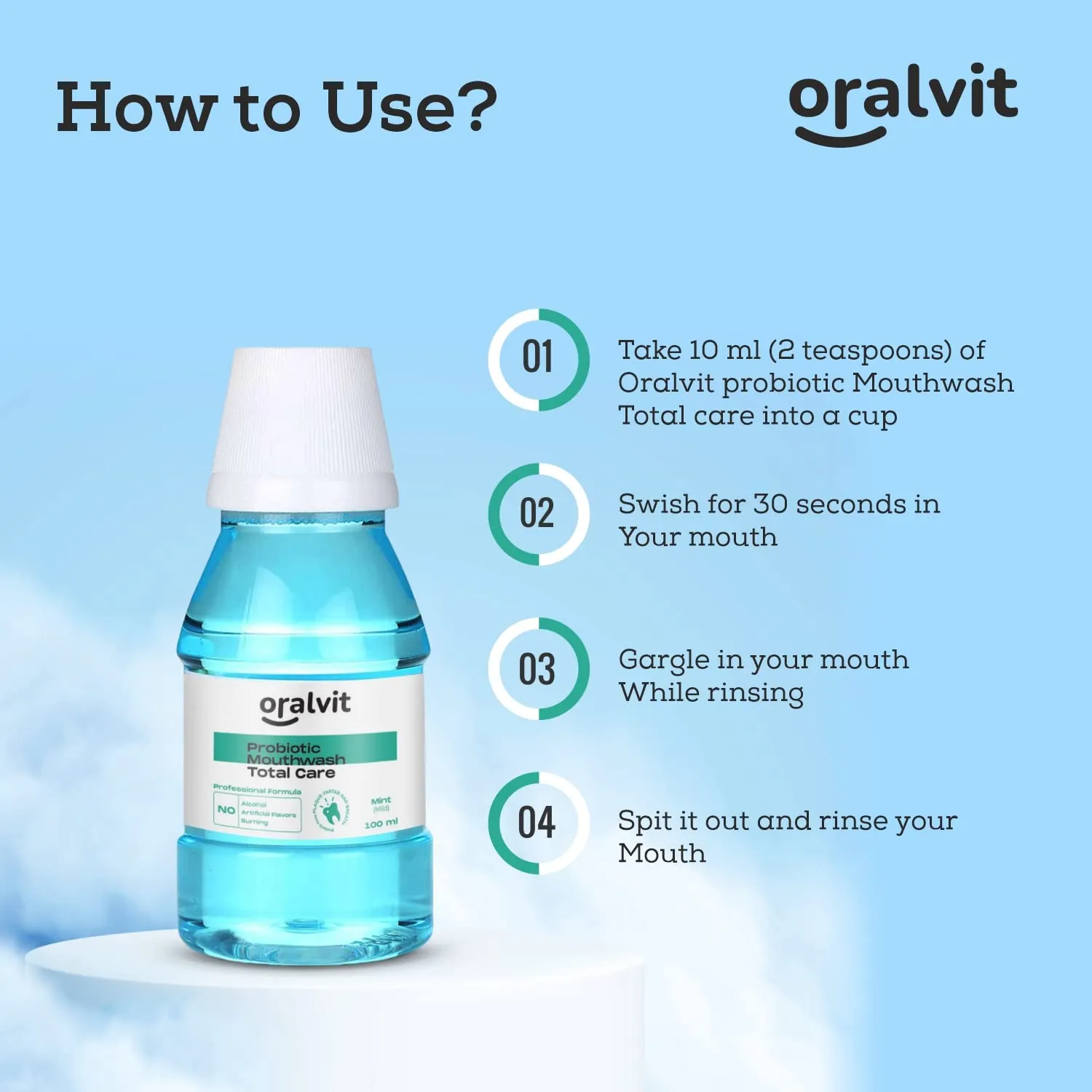 Oralvit Probiotic Total Care Mouthwash with Mild Mint | No Alcohol, No Burning Sensation, No Artificial Flavour | For Men & Women – 100ml (Pack of 3)