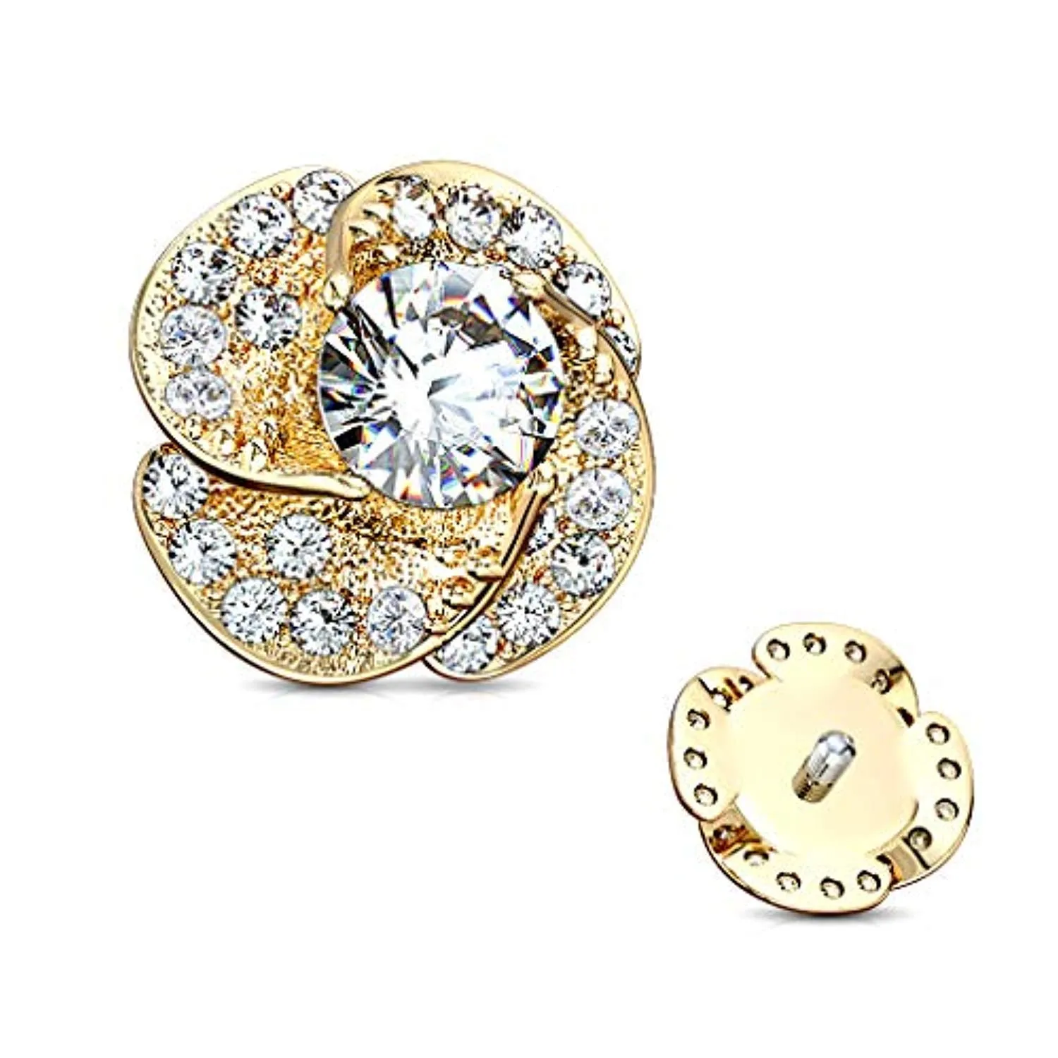 WildKlass CZ Paved and Round CZ Center Rose Blossom Internally Threaded Dermal Top